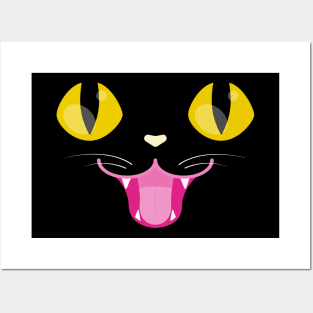 Black Cat Face Happy Halloween Kitty Yellow Pink & White w/ Whiskers and Fangs Posters and Art